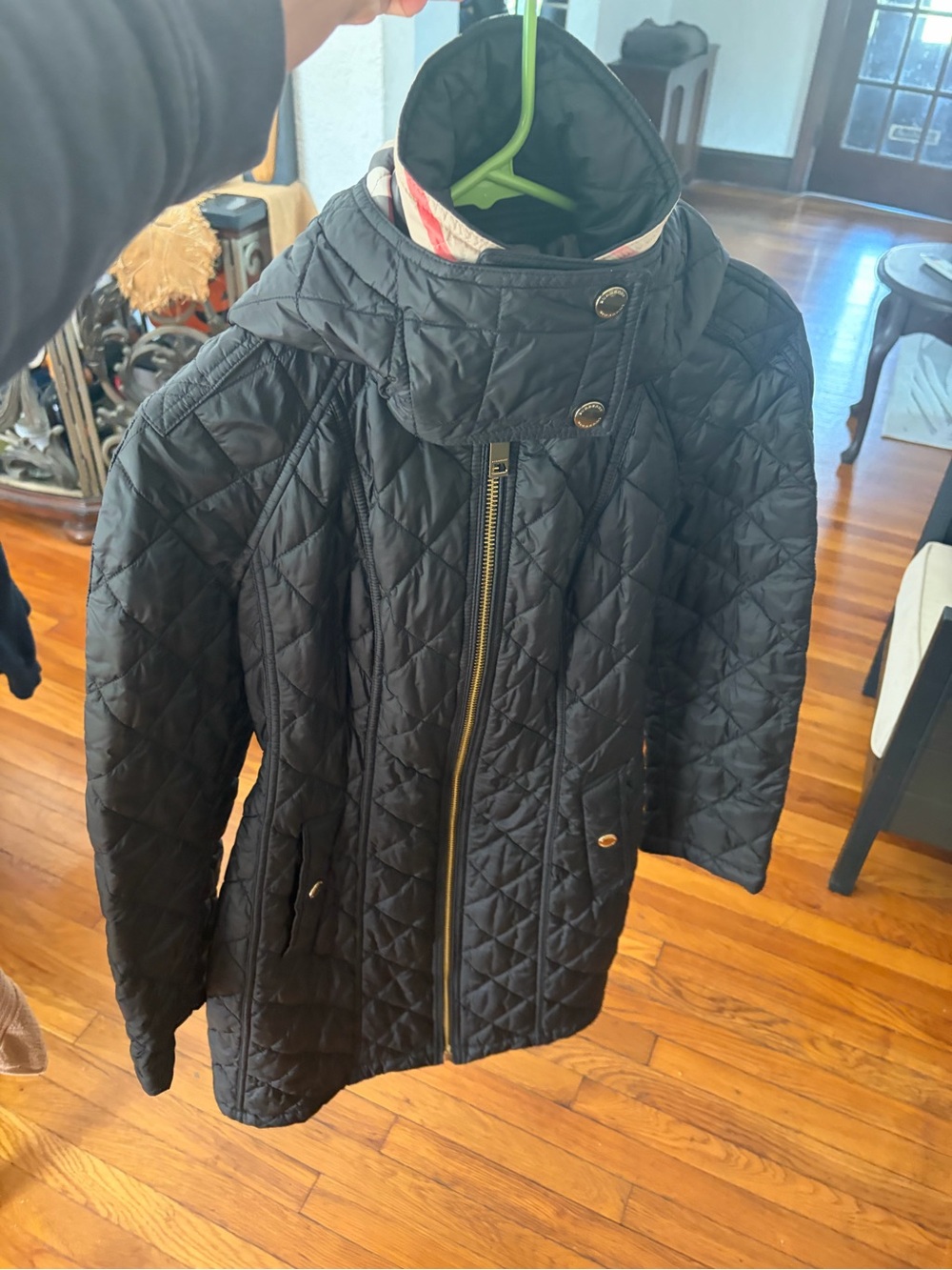 Burberry Black Trench Coat with Beige Plaid Interior